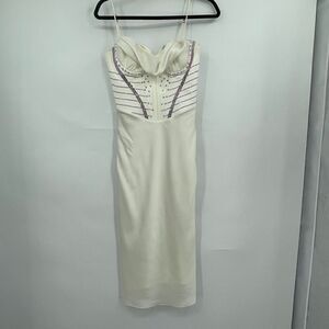 House of CB Cream Myrna Crystal Satin Corset Cowl Neck Slip Midi Dress Small